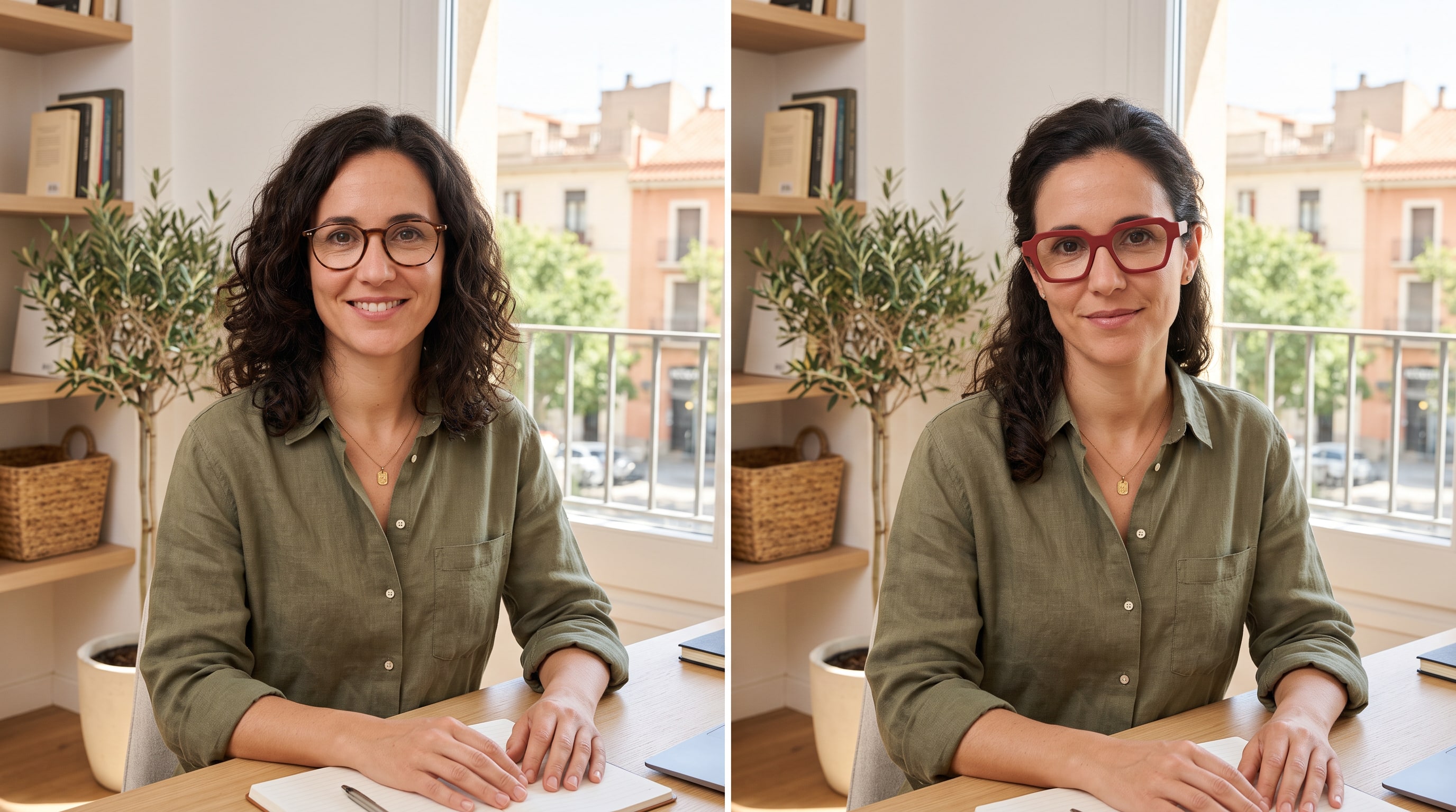 The same woman wearing everyday glasses and distinctive red glasses