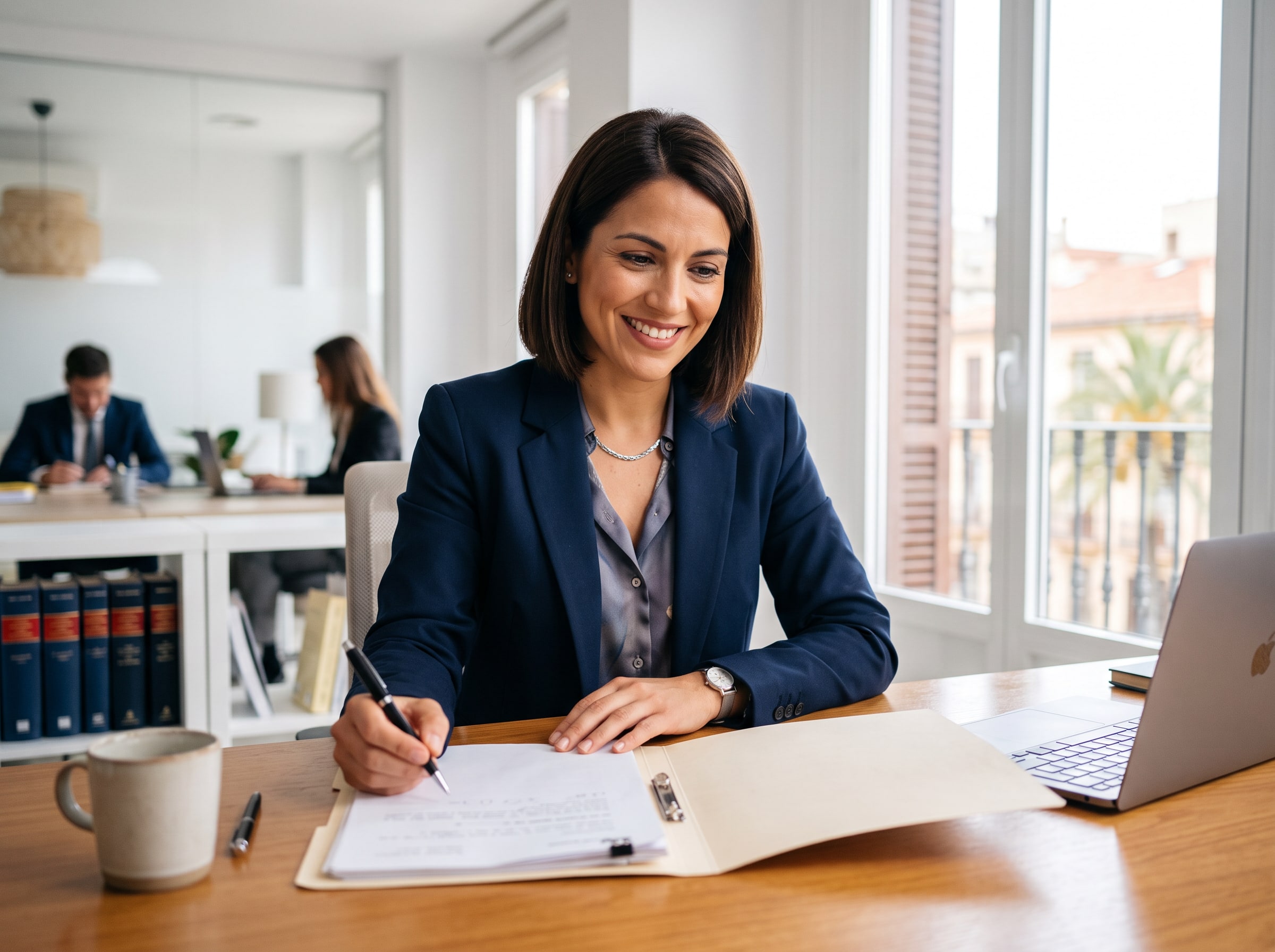 A female lawyer reviewing a legal folder