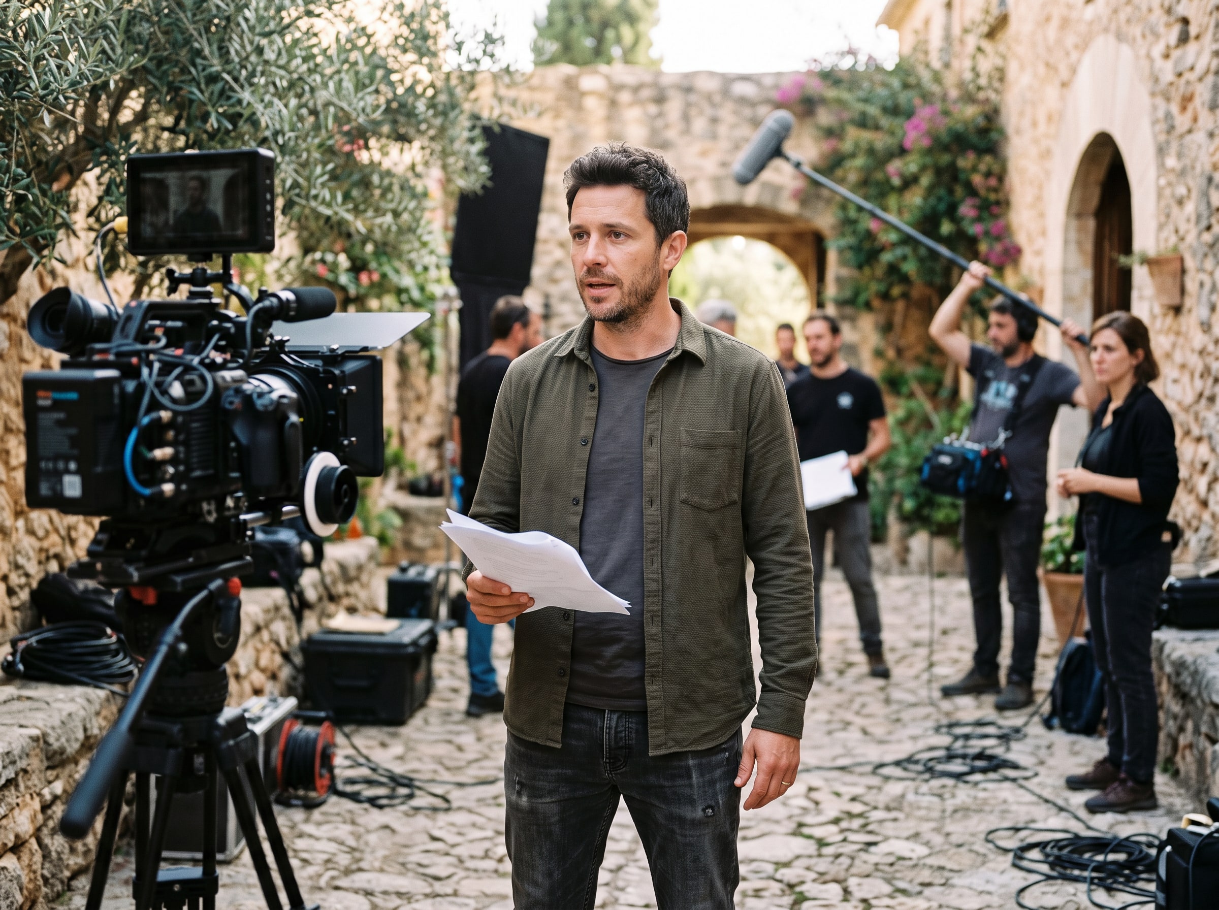 A male actor rehearsing on a film set