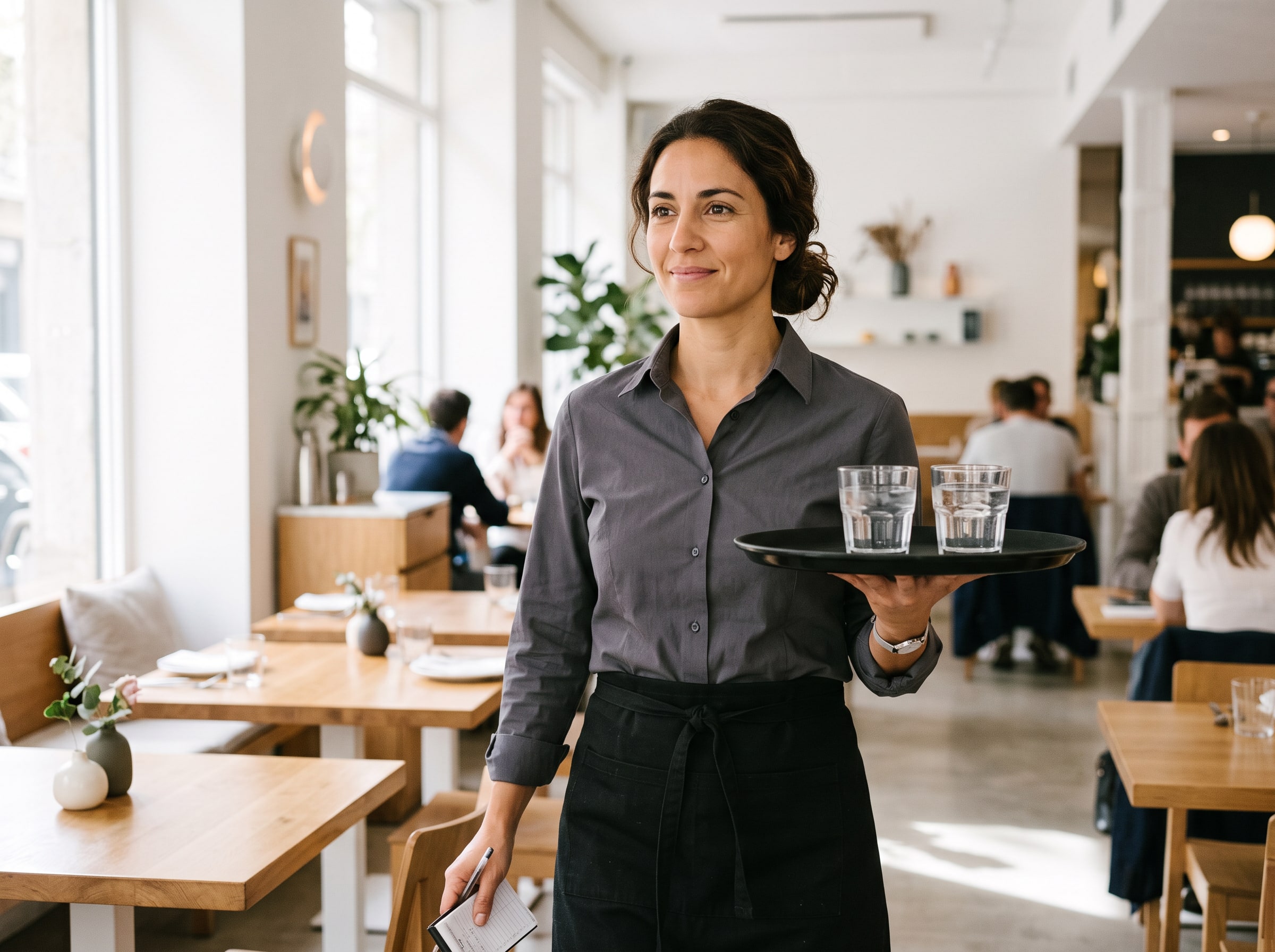 A female waiter carrying a tray in a cafe