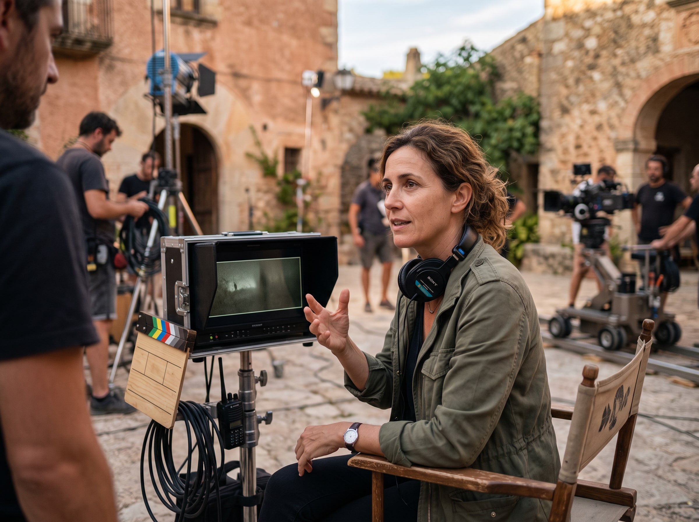 A female film director beside a cinema monitor