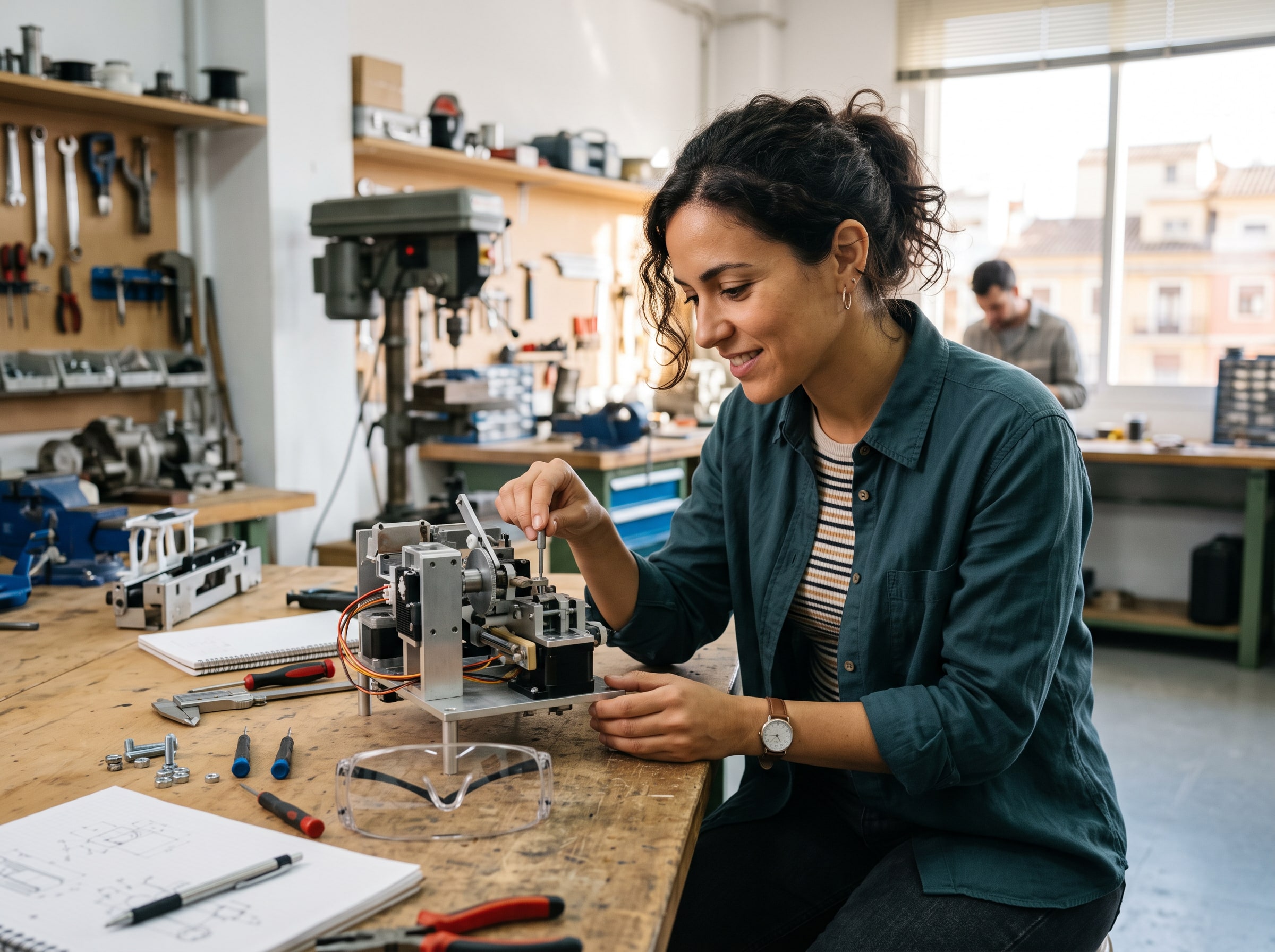 A female engineer examining a machine prototype