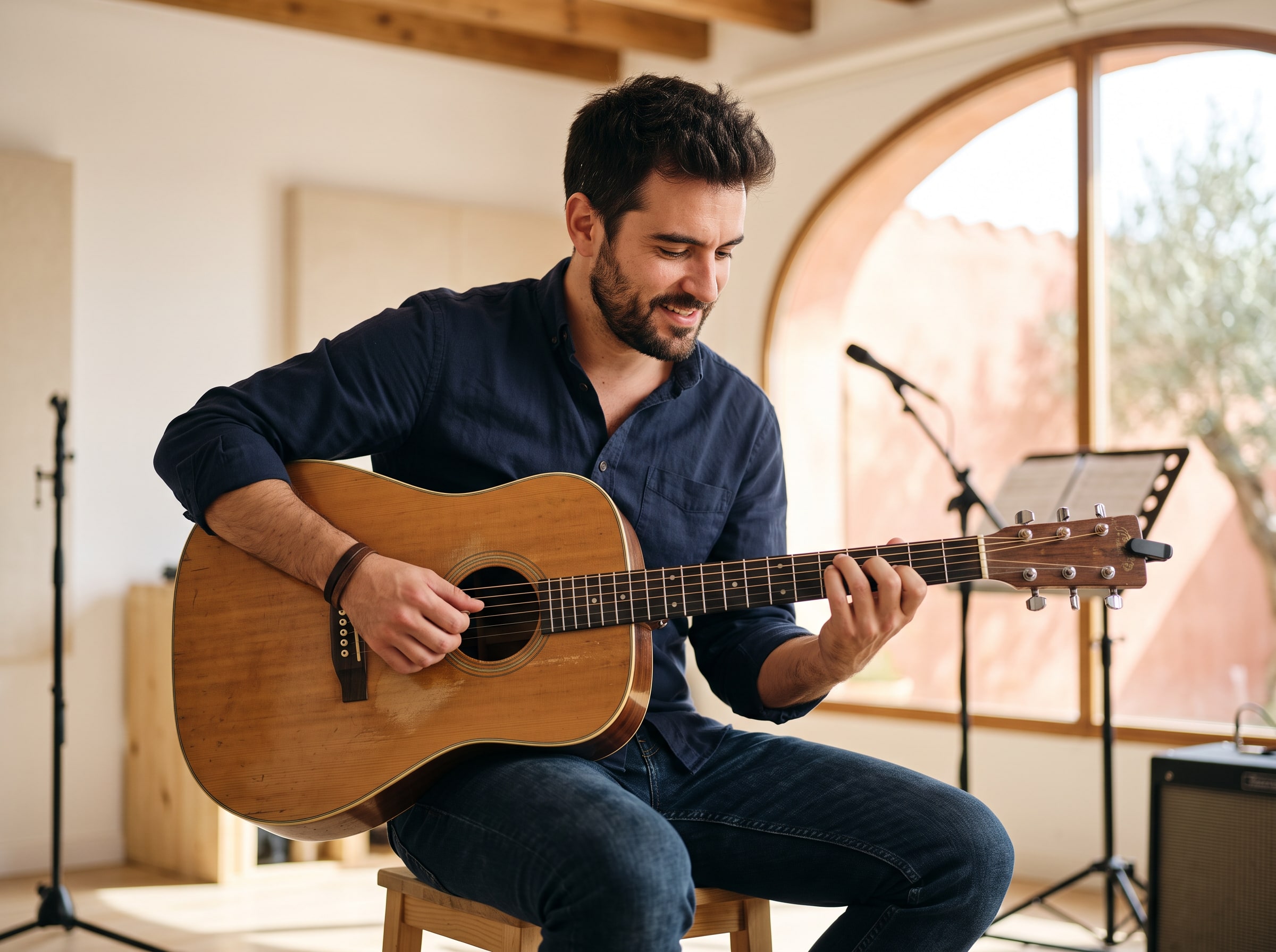 A male musician playing acoustic guitar