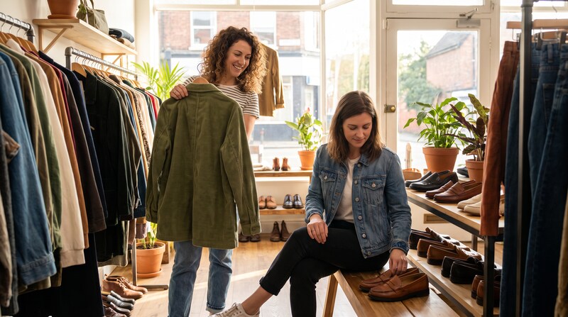 Two friends browsing clothes in a small boutique