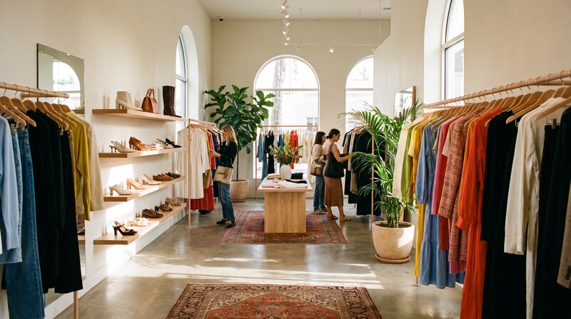 Warm boutique interior with colorful garments on wooden racks