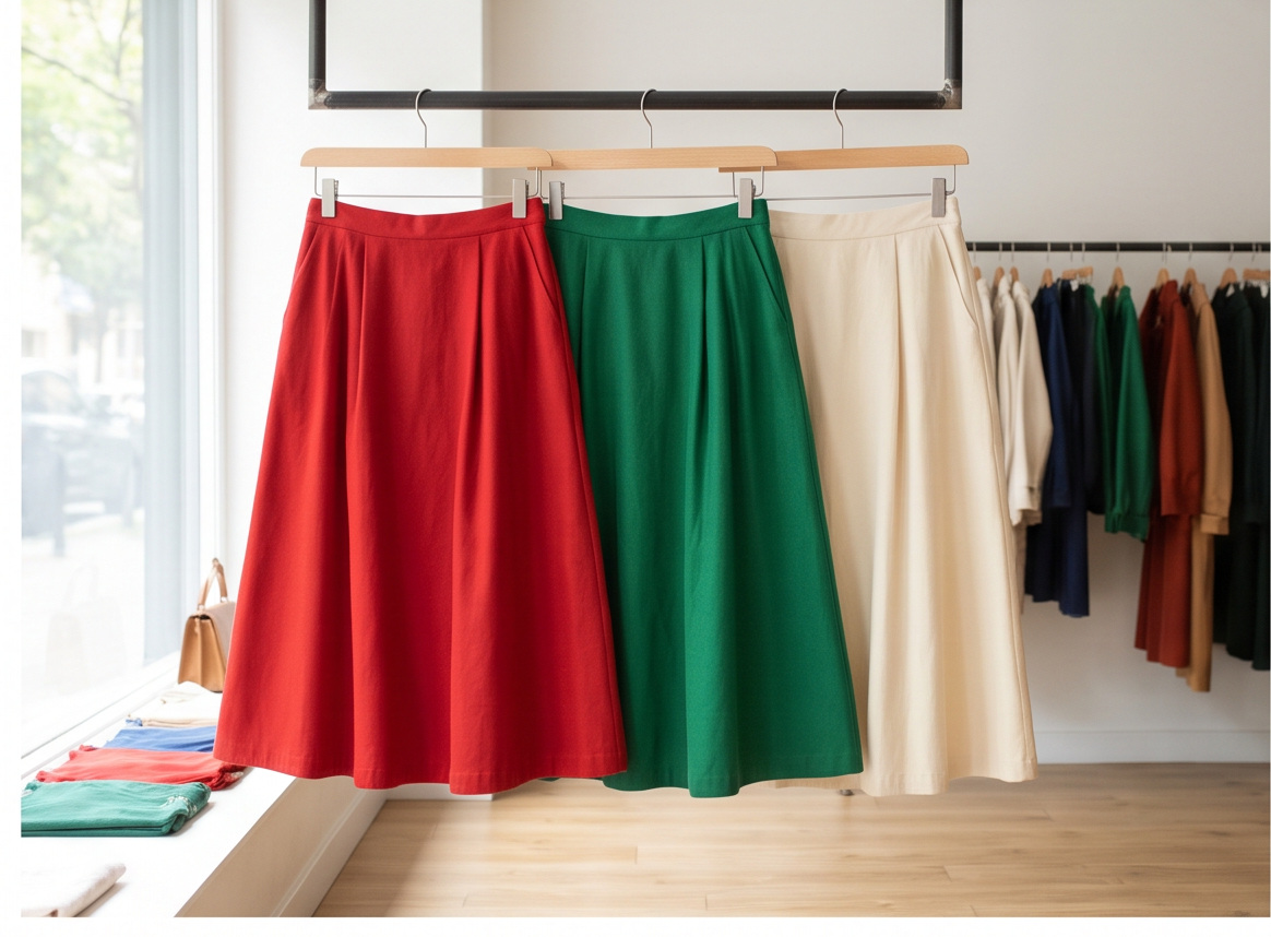 Colorful skirts displayed on hangers