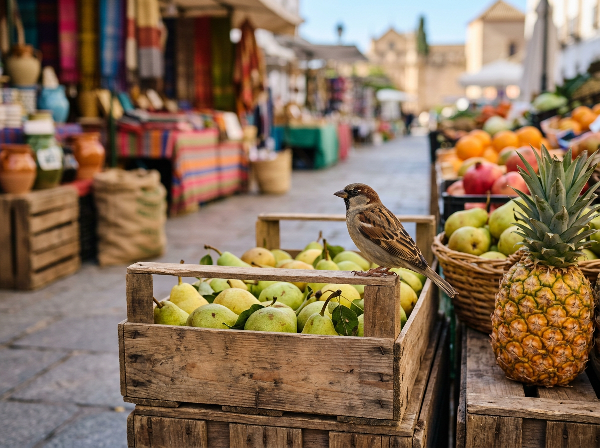 Sparrow beside a wooden crate of pears and a pineapple at a market