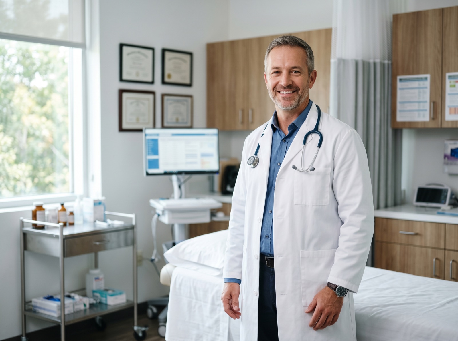 A male doctor standing in a bright medical office