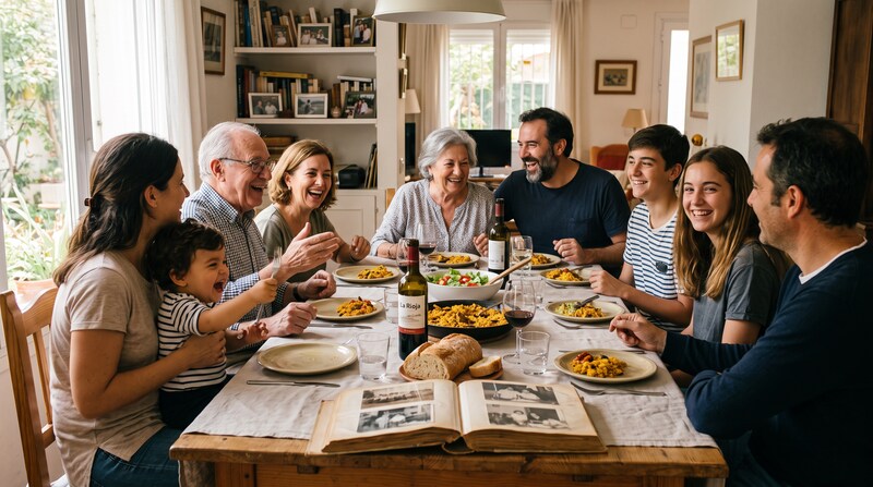 Multi-generational Spanish family sharing a Sunday meal