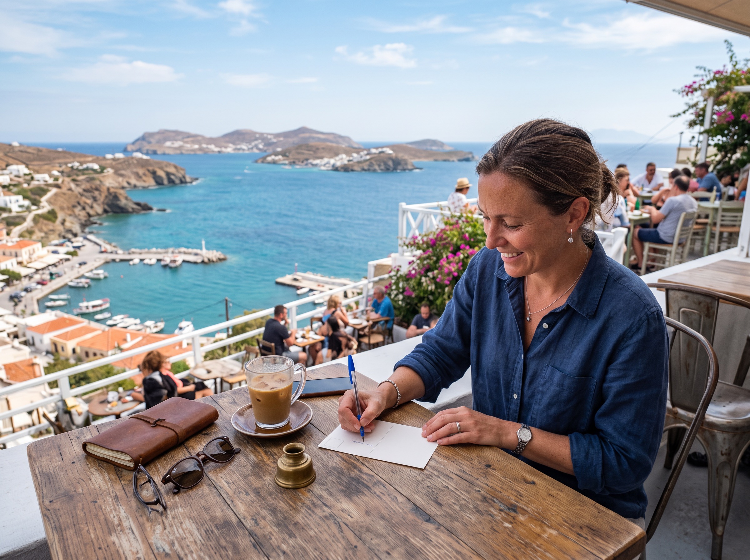 Clara writing a postcard by the sea