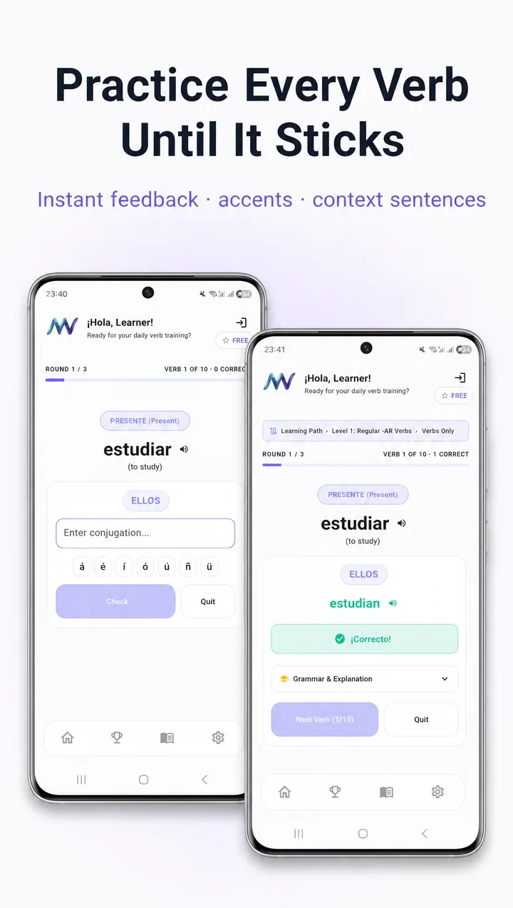 MuyVerbs quiz — instant feedback, accents, context sentences