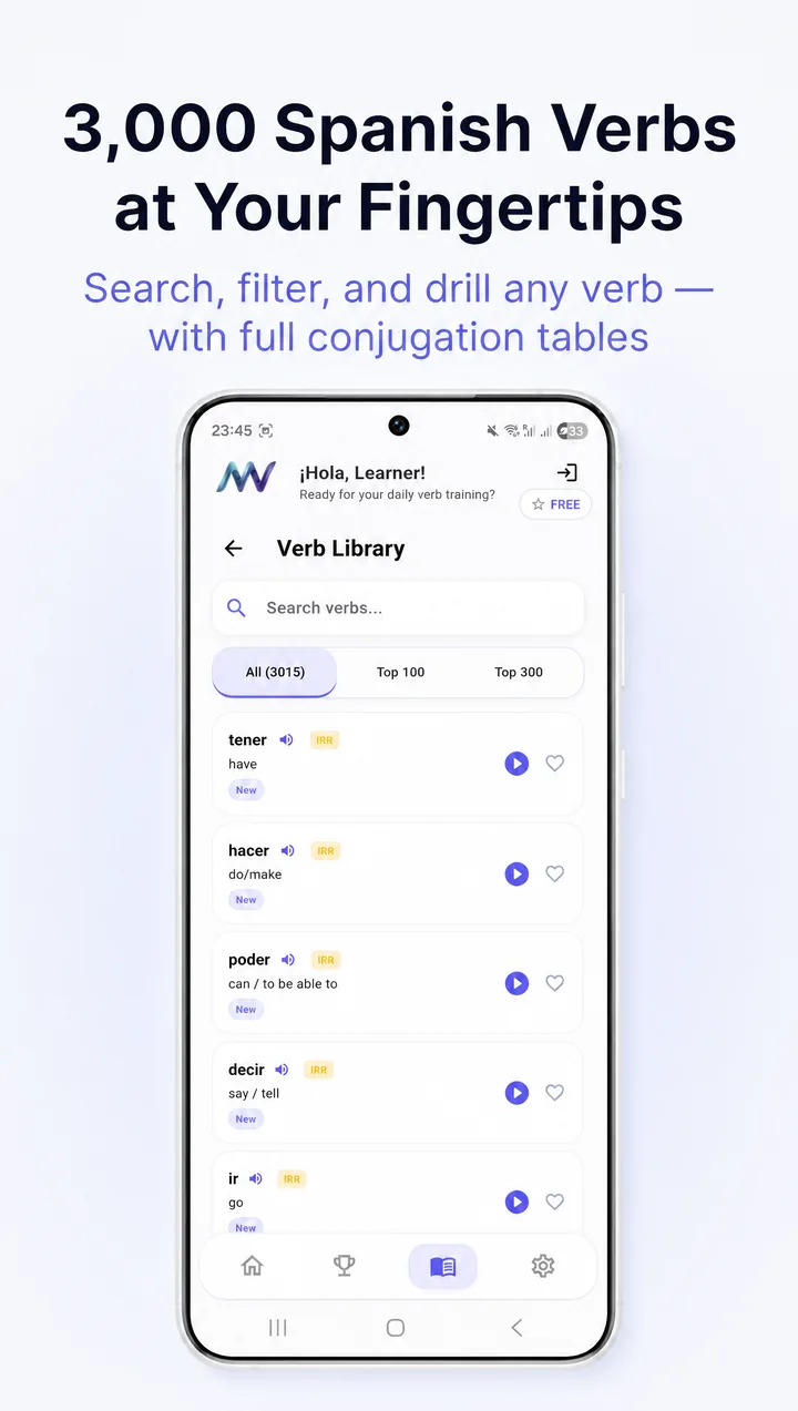 MuyVerbs Verb Library — 3,015 Spanish verbs searchable