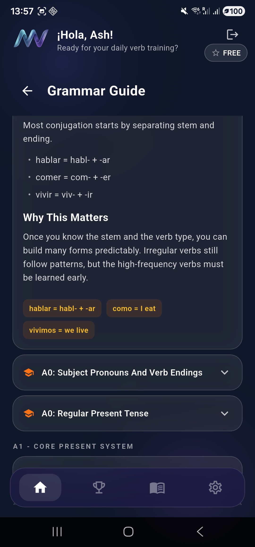MuyVerbs grammar guide screen with verb stem explanation