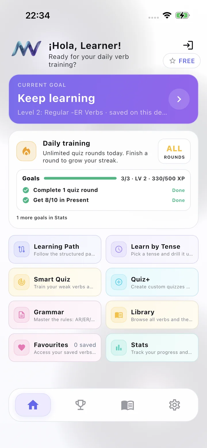 MuyVerbs Android dashboard showing Hola Learner greeting, Keep learning goal, Daily training, and feature tiles