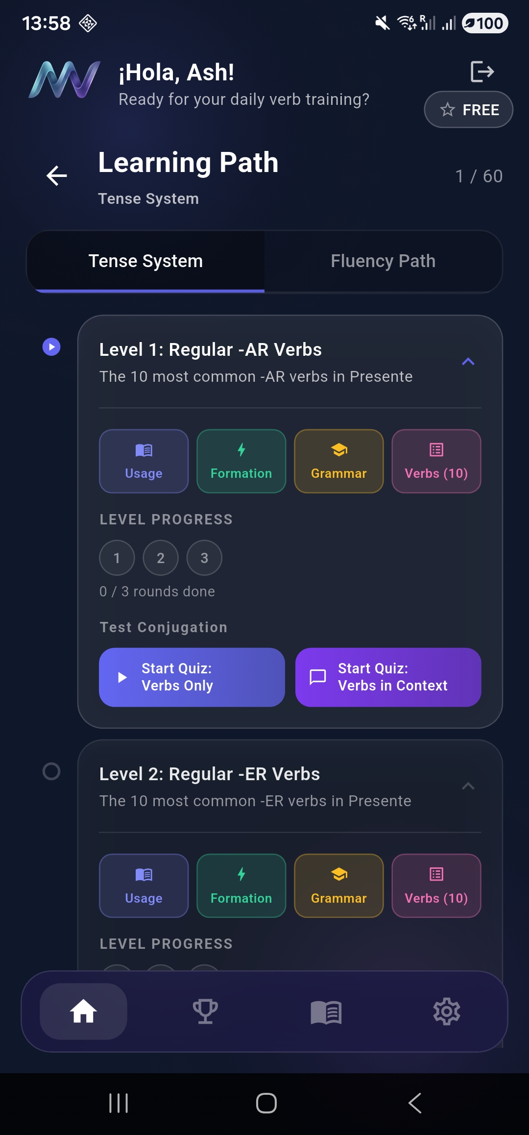 MuyVerbs learning path screen with Tense System and Fluency Path tabs