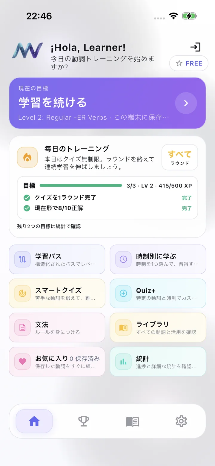 MuyVerbsのダッシュボード(日本語)— Hola Learnerの挨拶、学習を続けるという目標、毎日のトレーニング、機能タイル
