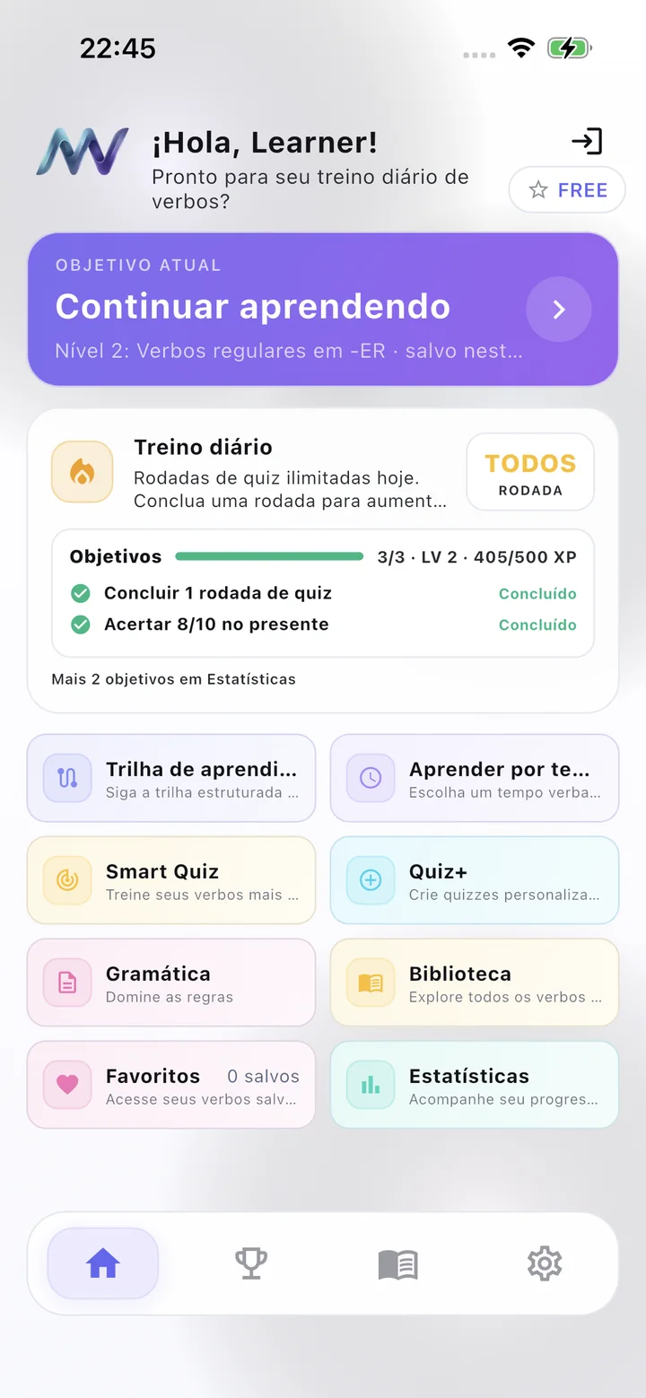 Painel do MuyVerbs em português — saudação Hola Learner, meta Continuar aprendendo, Treino diário e cards de recursos