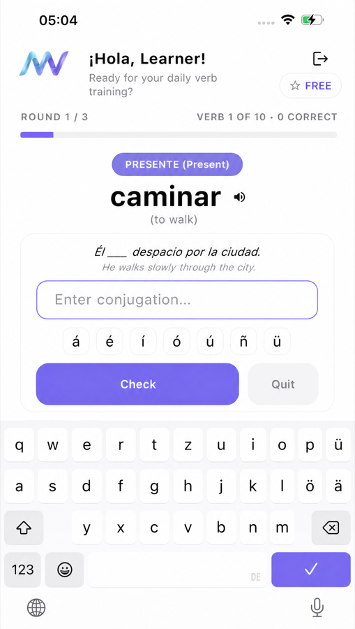MuyVerbs light quiz input screen with accent tools