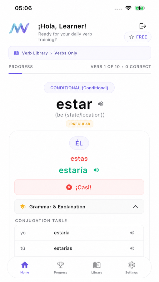 MuyVerbs smart review with conditional conjugation table