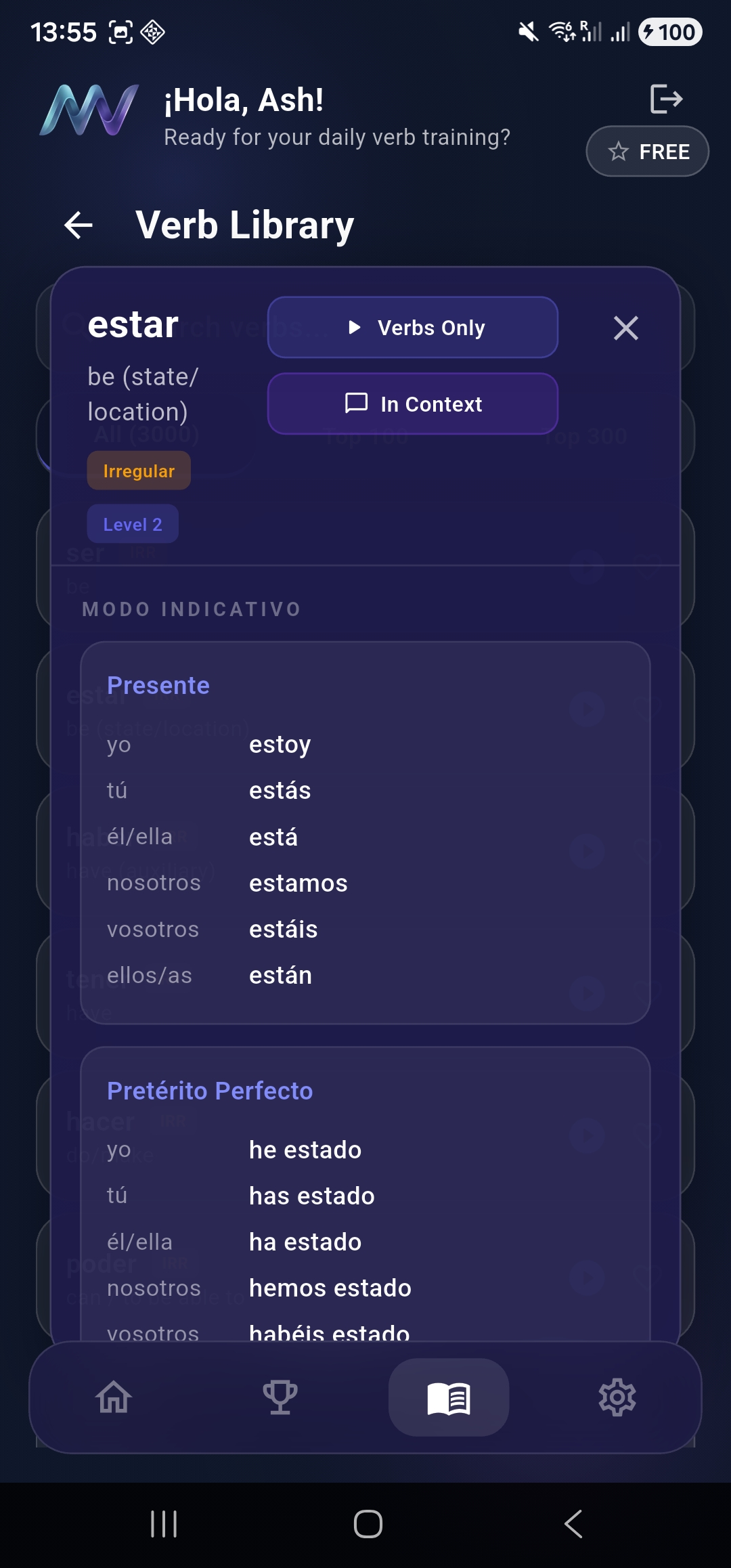 MuyVerbs verb detail modal with conjugation tables for estar